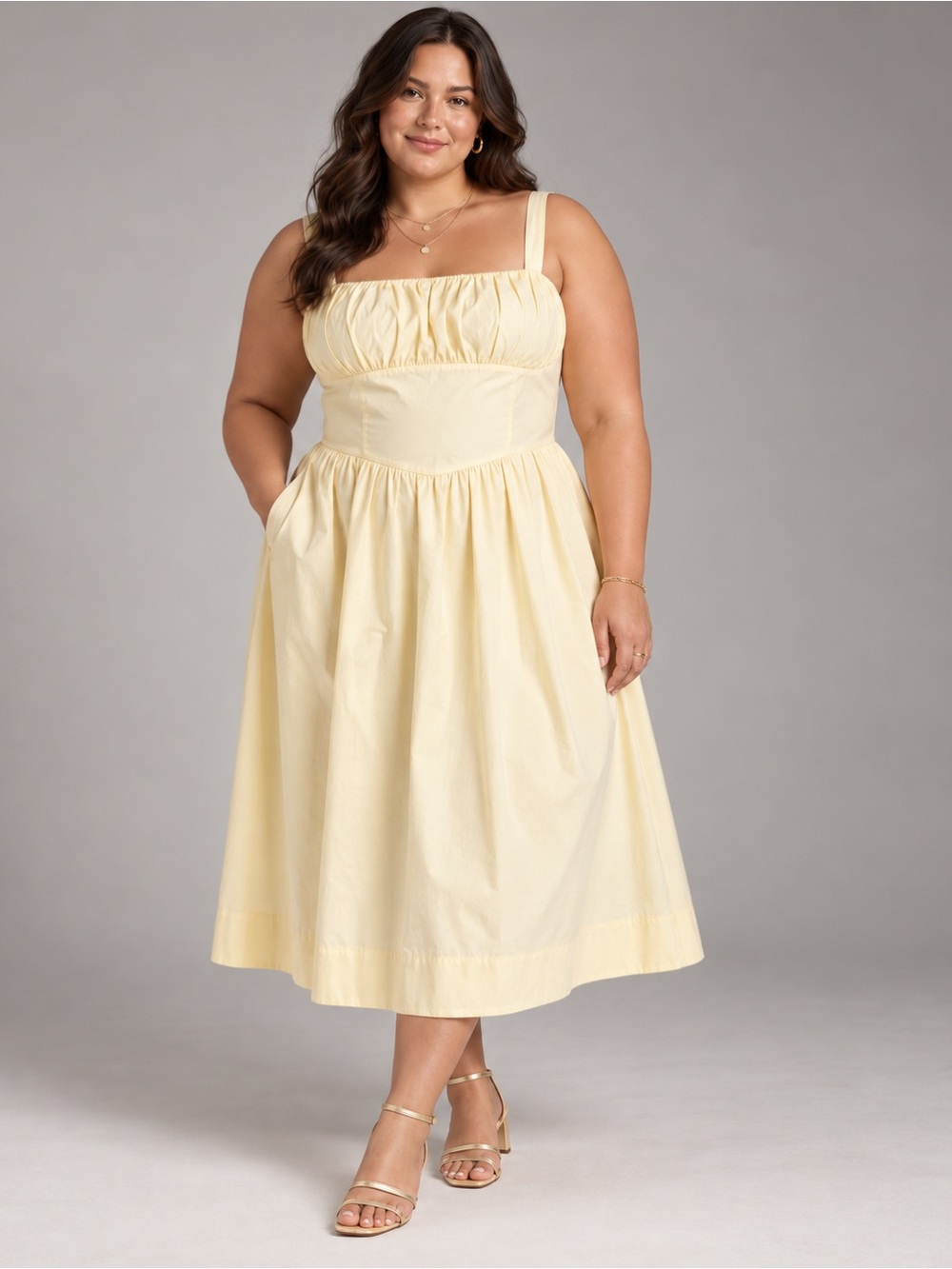 NWT | By Anthropologie | Drop-Waist Ruched Midi Dress Butter Yellow - Size XL
